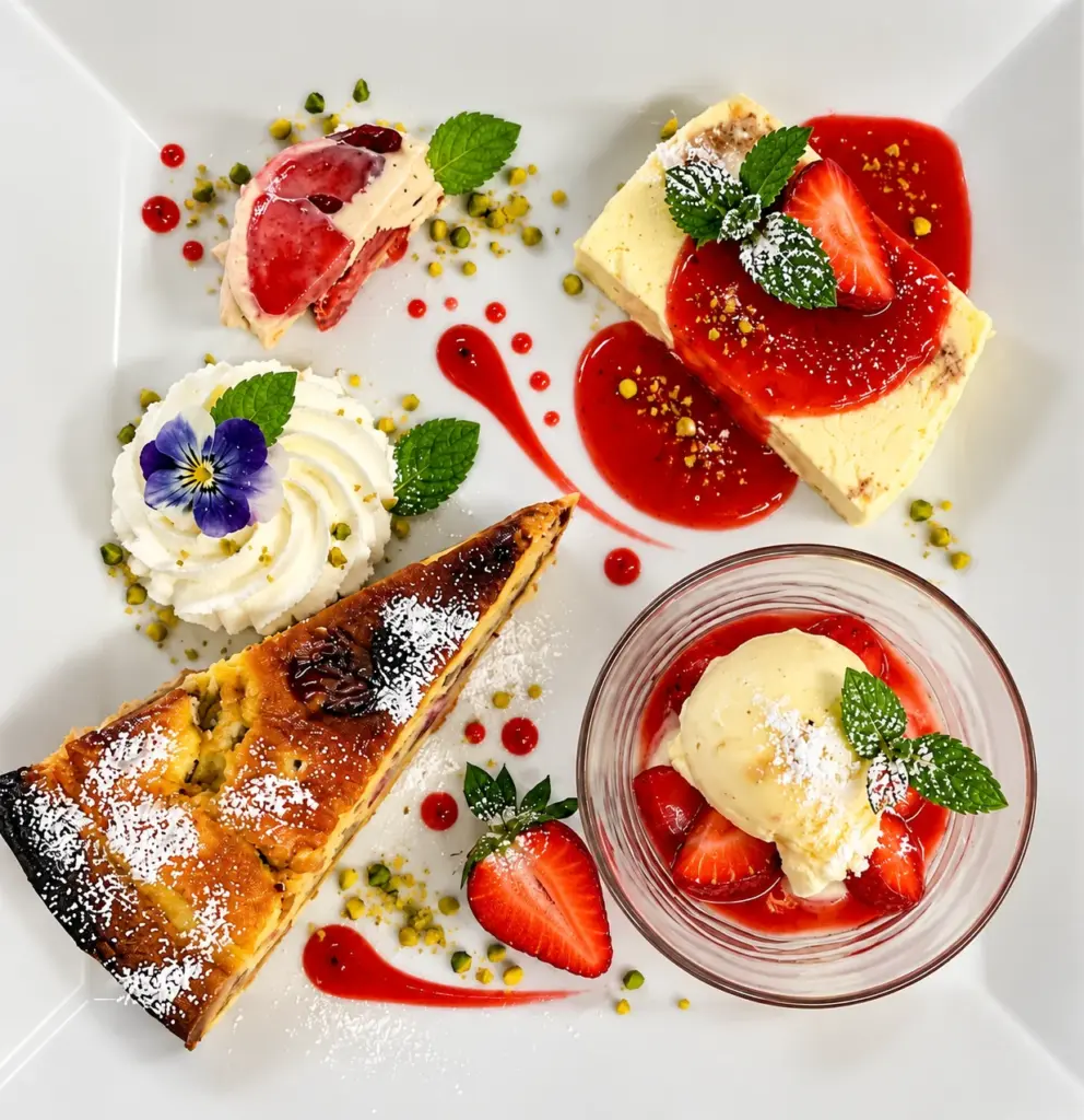 Dessertvariation mit Kuchen, Glace und Erdbeeren