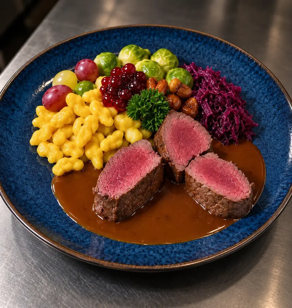 Reh-Medaillons mit Spätzli, Rotkraut, Rosenkohl und Preiselbeeren